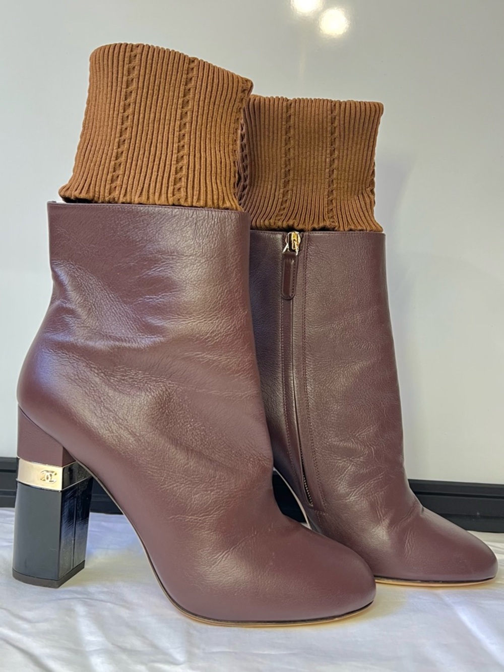Chanel 2016 Interlocking CC Logo Burgundy Brown Leather Sock Ankle Boots